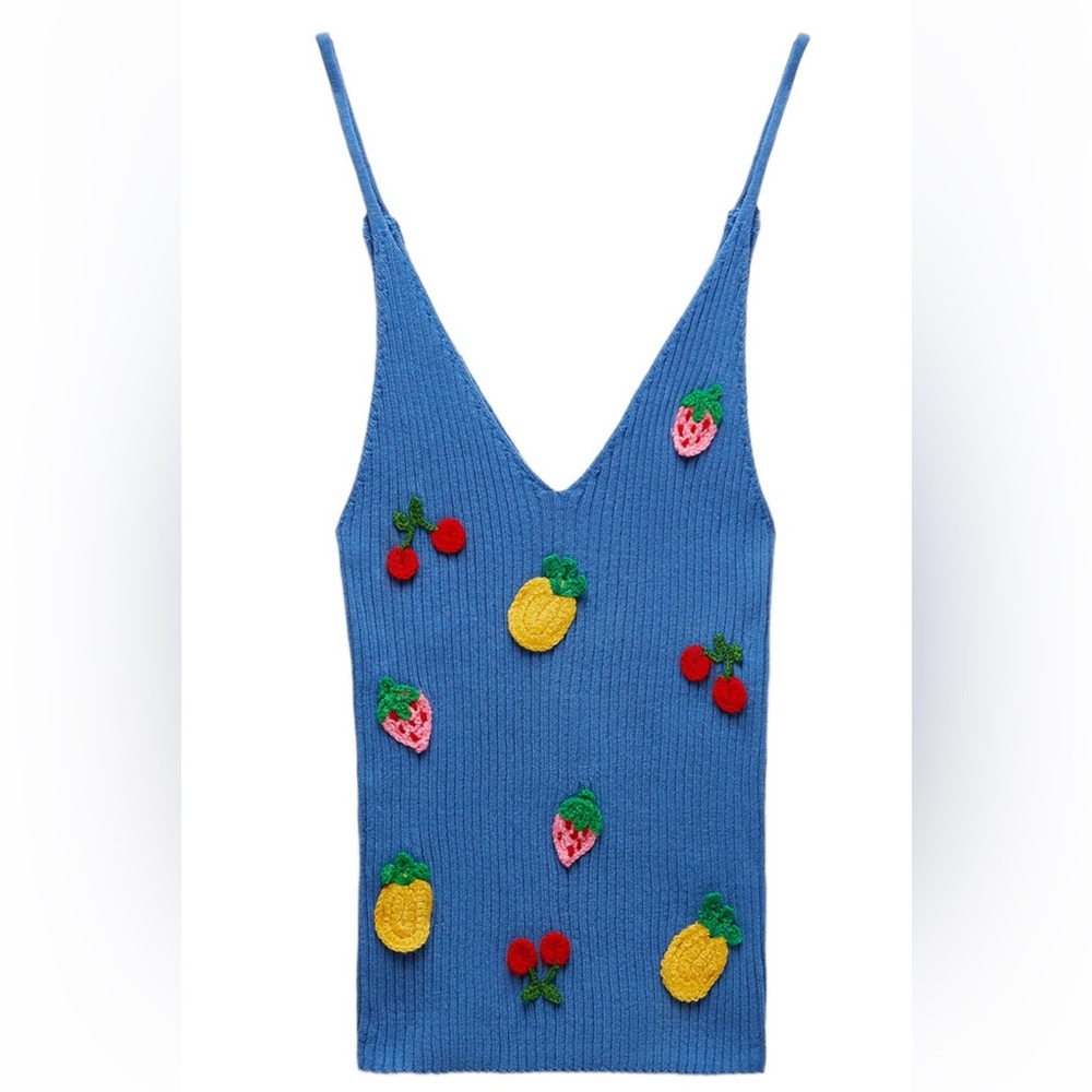 ZARA | Embroidered Fruit Rib Top | Applique Top | NWT